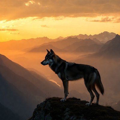 Wolf on mountain edge at sunset
