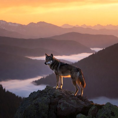 Wolf in sunset landscape