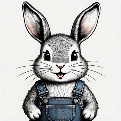 Rabbit wearing overalls smiles happily