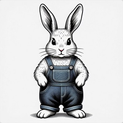 Rabbit wearing overalls stands upright