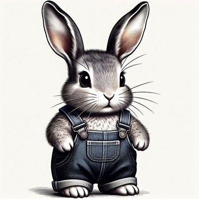 Rabbit wearing denim overalls stands straight