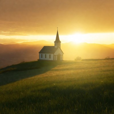 Church on hilltop at sunset