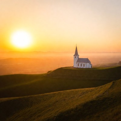 Church on a hill at sunset