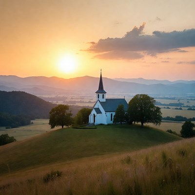 Church on a hill during sunset