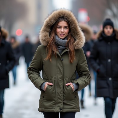 Woman walking in winter clothing on city street