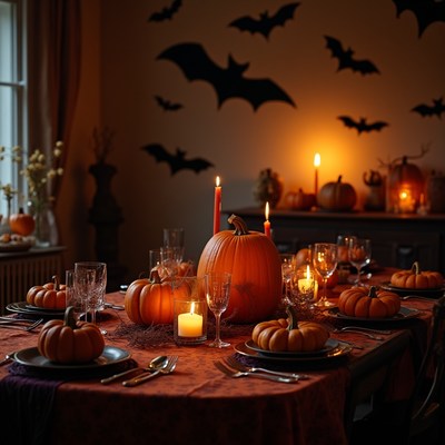 Halloween dinner party with pumpkins and candles