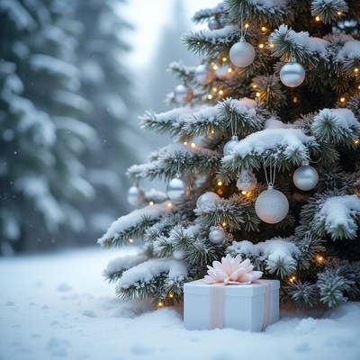 Christmas tree beside gift in snow