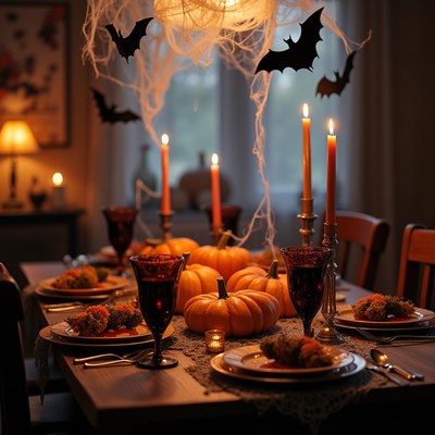 Halloween dinner table setup with candles
