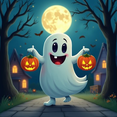Happy ghost carrying pumpkins at night