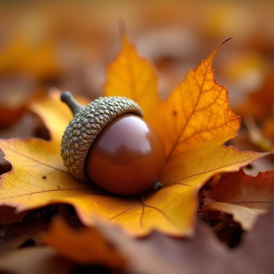 Acorn on autumn leaves in nature