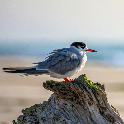 Bird resting on driftwood by ocean
