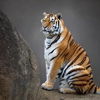 Tiger sitting next to rock
