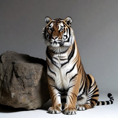 Tiger sitting next to rock