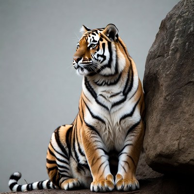 Tiger sitting by rock