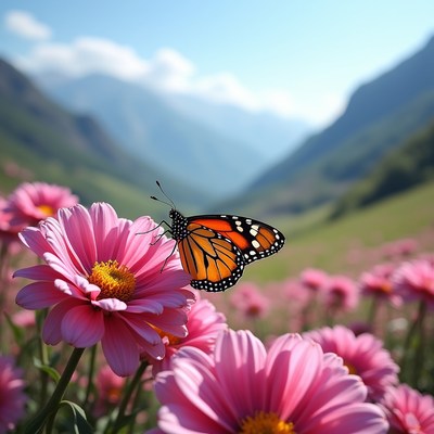 Butterfly on pink flowers in mountains