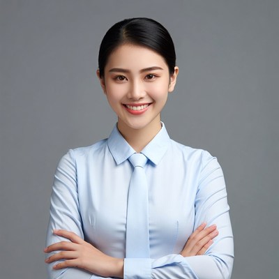 Smiling woman in a light blue shirt