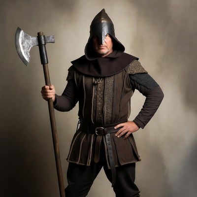 Medieval warrior with axe and staff