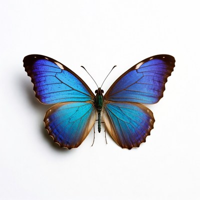 Bright blue butterfly on white background