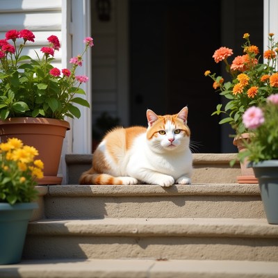 Cat relaxing on steps near flowers