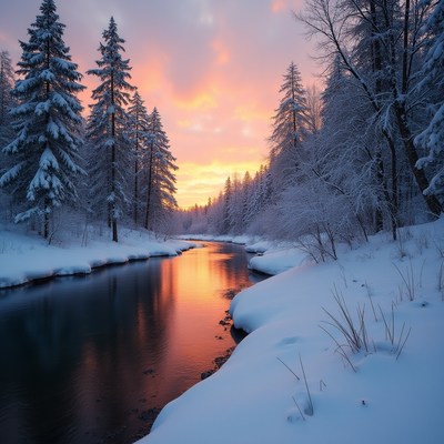 Snowy river at sunset in winter
