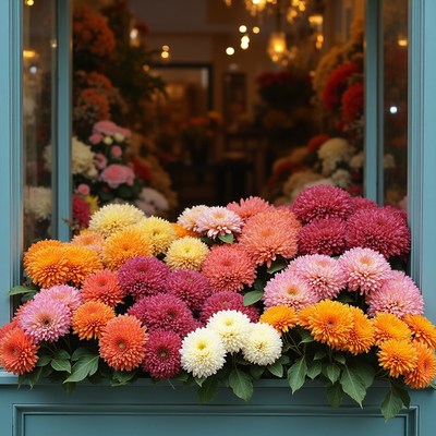 Colorful flowers in shop window display