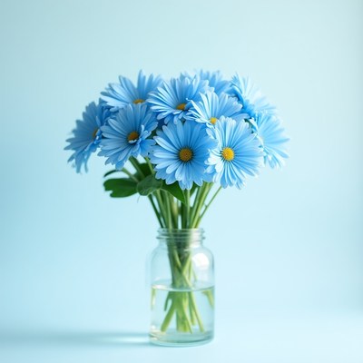 Bright blue flowers in a clear vase
