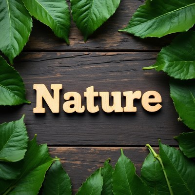 Words in nature with green leaves