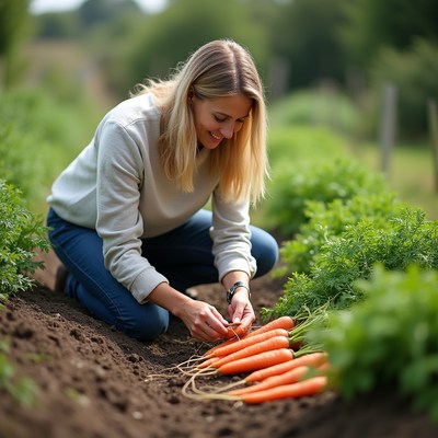 Woman harvesting carrots in garden