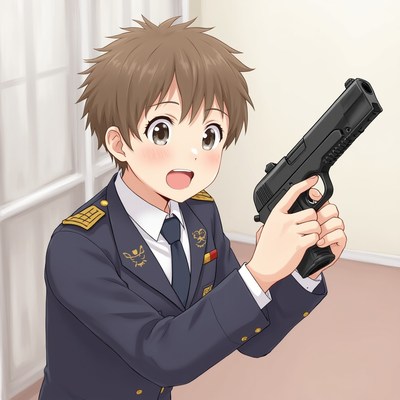 Boy in uniform holds gun