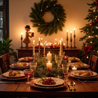 Family gathers around a decorated table for dinner