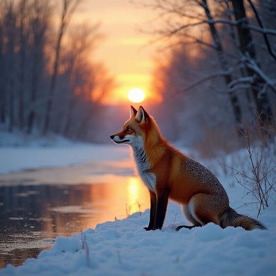 Fox by the winter river at sunset