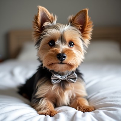 Cute dog with bow tie on bed