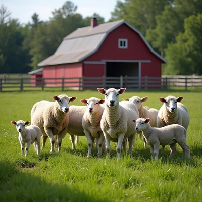 Sheep gather near red barn