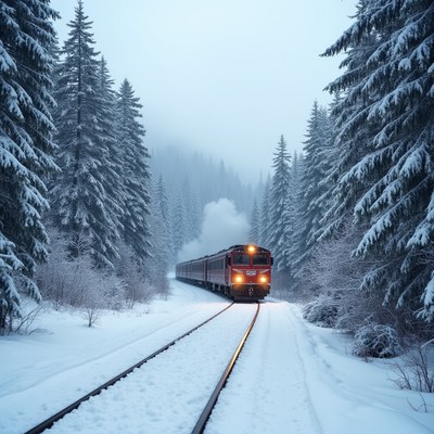 Train travels through snowy forest