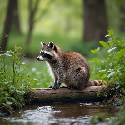 Raccoon by the stream in the forest