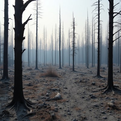 Burned forest landscape after wildfire