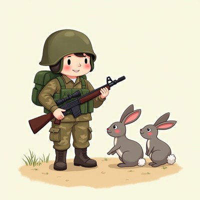 Soldier with rabbits in field