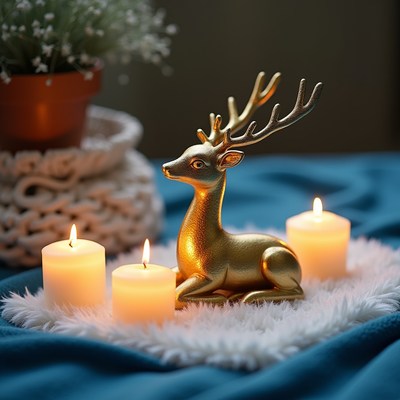 Gold deer with candles on blue cloth