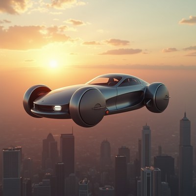Flying car in sunset over city