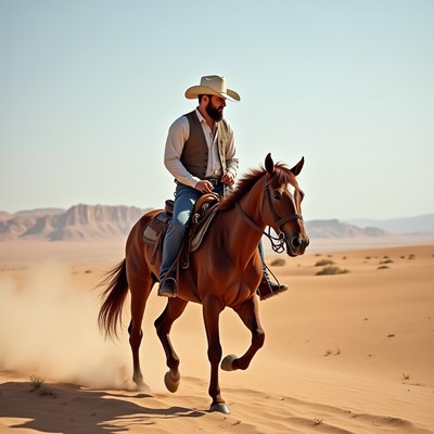 Rider on horse in desert landscape