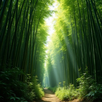 Bamboo forest with sunlight shining through