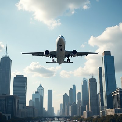 Airplane flying over city skyline