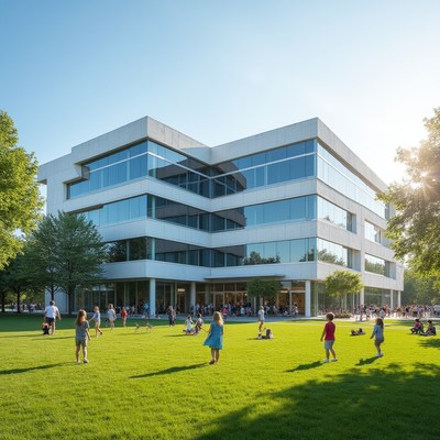 Children play outside modern building