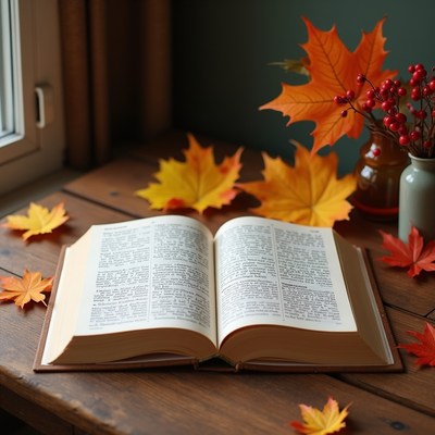 Open book with autumn leaves on table