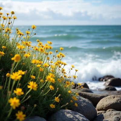 Flowers by the ocean waves