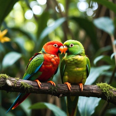 Colorful parrots on a branch