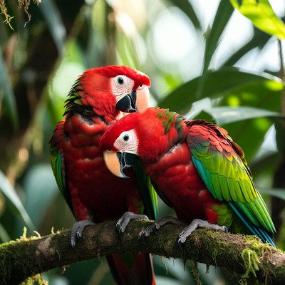 Macaws perched on a branch in the jungle