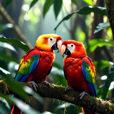 Two parrots perched on a branch