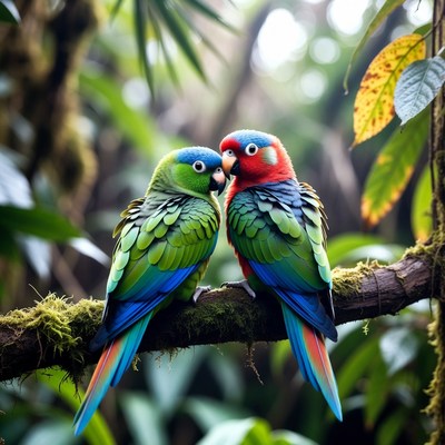 Colorful birds in tropical forest