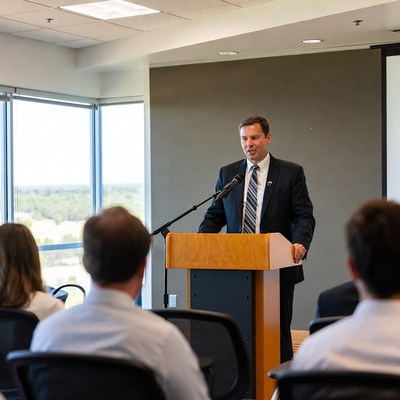 Speaker at business conference in office